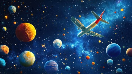 Naklejka premium Airplane flying through colorful space with planets.