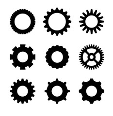 Gears shapes line icons. Flat machine gear icon. Wheel cogwheel vector. Simple outline isolated elements. Black gear.