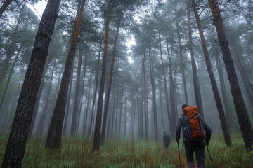 Hiker explores rocky mountain trail surrounded by majestic peaks under a dramatic sky at midday