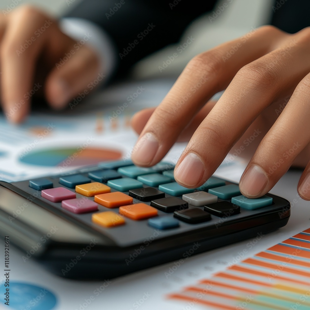 Aufkleber economic indicators review concept. hands using a calculator on financial graphs and charts.