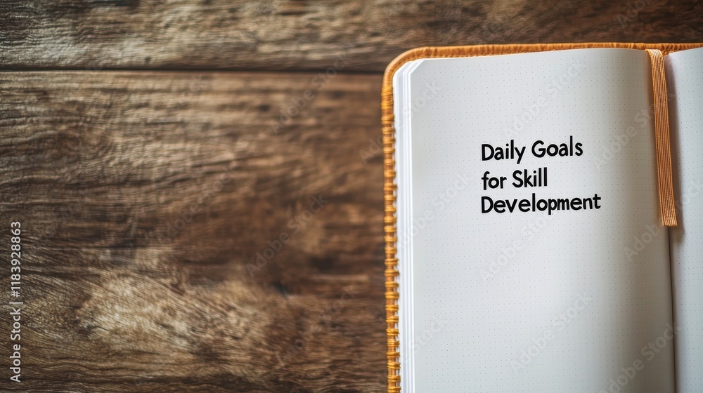 Aufkleber personal skills development concept. notebook with written daily goals for skill development on wood