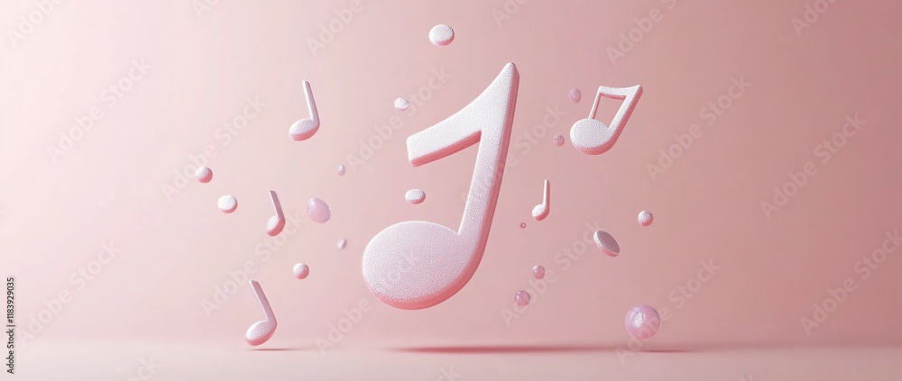 Poster 3d rendering of music notes floating on pink background.