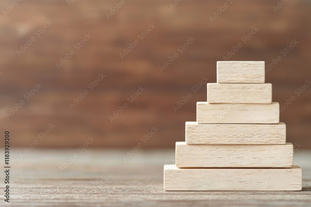 Poster personal skills development concept. wooden blocks arranged in a pyramid on a rustic background.
