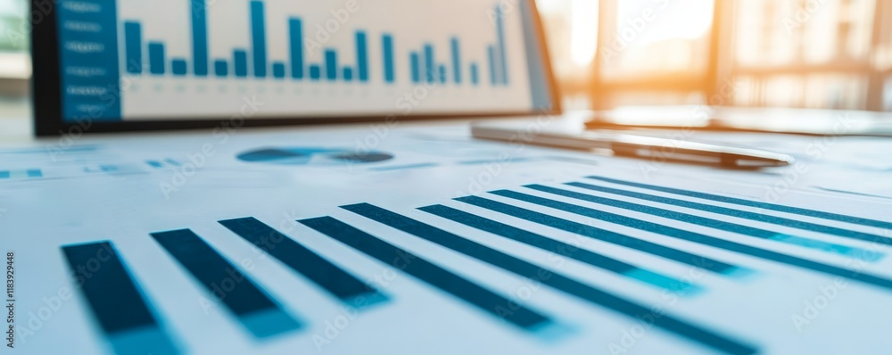 Aufkleber economic indicators review concept. business analytics presentation with graphs and charts on a desk