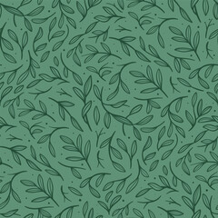 hand drawn green flora leaves and branch line art seamless pattern background