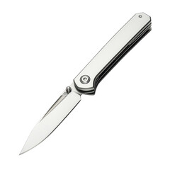Sleek silver pocket knife with open blade on pristine white surface, ideal for minimalist design and modern utility contexts