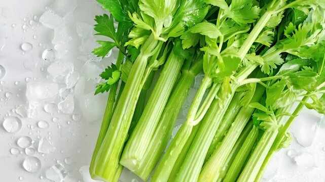 green celery on white background with ice