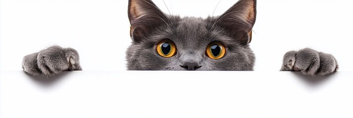 Fototapeta premium Curious gray cat peeking over white surface, paws visible.