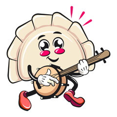 Cute gyoza dumpling vektor illustration mascot character playing the banjo musical instrument, Xiao Long Bao, Asian, Chinese food, work of hand drawn