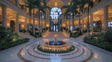 Obraz premium Grand Estate Entrance with Central Fountain and Palm Trees