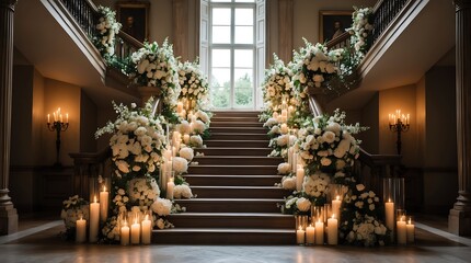 Grand Staircase Decorated with Elegant White Flowers and Candles
