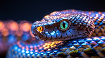 Fototapeta premium Mesmerizing Viper: A Close-Up Encounter with a Nocturnal Serpent