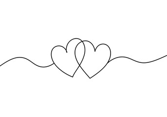 Elegant and minimal continuous line art of two interlocking hearts on a clean white background, perfect for romantic designs, Valentine’s Day themes, and modern decor.