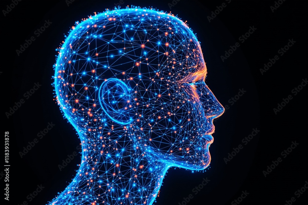 Poster abstract human head made of illuminated network of points and lines, glowing in blue and orange tone