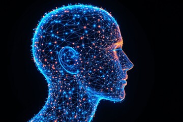 Obraz premium Abstract human head made of illuminated network of points and lines, glowing in blue and orange tones, on a dark background. Concept of AI, neural networks. Ai generative