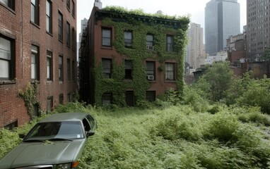 A neglected building overrun with greenery stands amid towering skyscrapers. The vacant lot is filled with wild plants, showcasing nature's resilience in an urban environment
