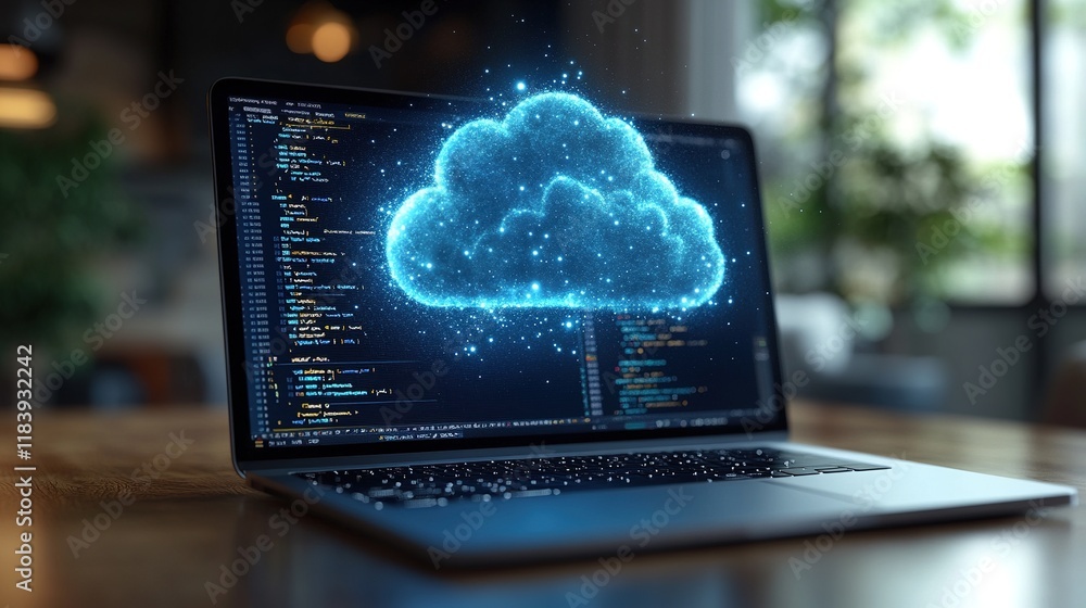 Poster cloud computing concept on laptop with code in office