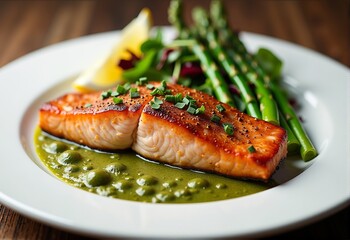 Delicious and Healthy Baked Salmon with Green Salad and Asparagus, Served on White Plate

