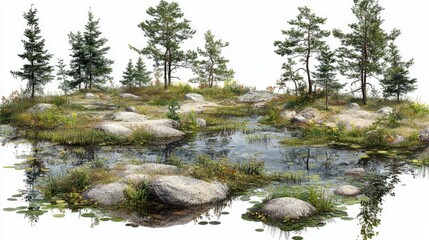 Serene alpine pond with rocky shores and coniferous trees