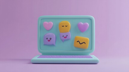 Cute laptop with emojis and hearts on screen.