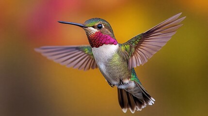 Fototapeta premium Hummingbird hovering, autumn leaves, garden, nature