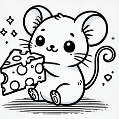 Black white lineart coloring book, cute animal character. Cute Cartoon Character with Big Eyes. Cute mouse holding a cheese simple image coloring book. Coloring book character for kids