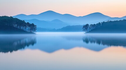 Fototapeta premium Serene lake reflecting the soft colors of sunrise, tranquil mountains in the background