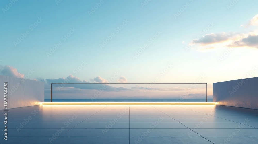 Poster blank open air presentation stage with glowing light between fence and floor and blue sky on backgro