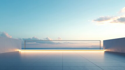 Obraz premium Blank open air presentation stage with glowing light between fence and floor and blue sky on background. 3D rendering, mock up