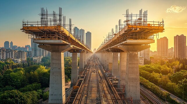 Elevated train track under construction during sunrise, showcasing city skyline.