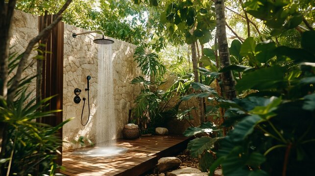 Lush outdoor shower with stone wall, wooden deck, and tropical foliage.