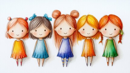 Five girls, colorful dresses, illustration, friendship, white background, children's book