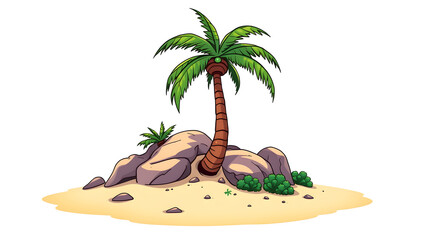 Obraz premium A 2d pop art animated drawing of a palm tree on a small dessert island on a white background. Generative AI