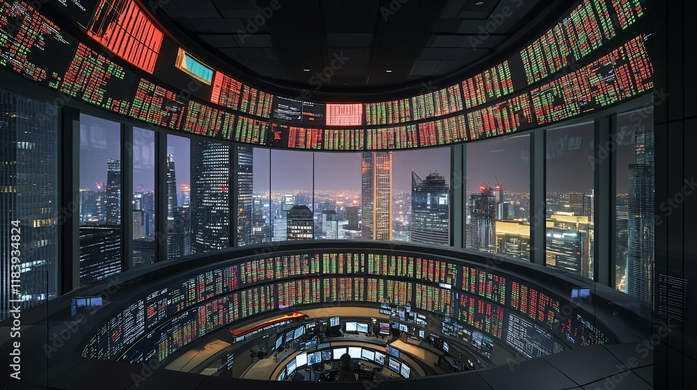 Poster night view of a city skyline from a control room with numerous screens displaying data.