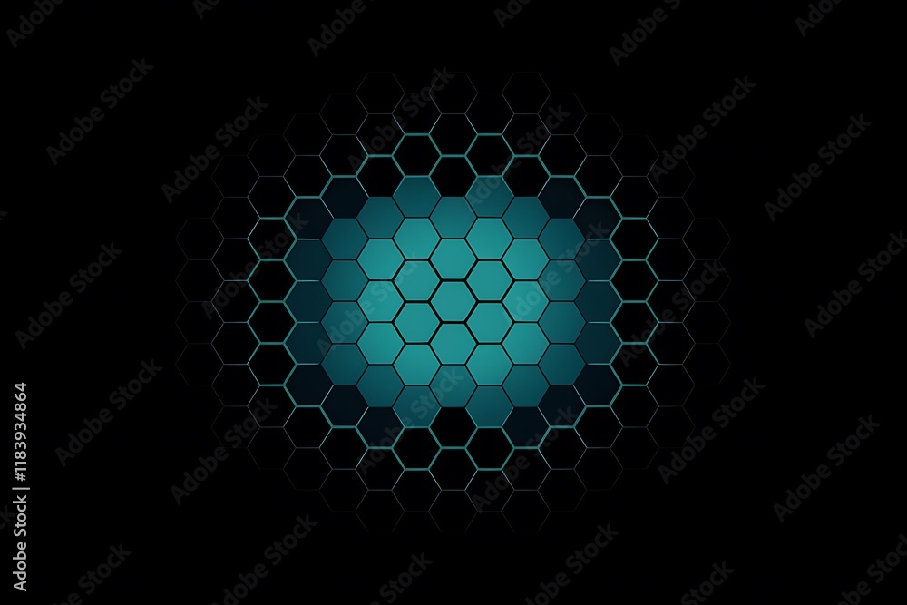 Poster a digital image showcasing a teal hexagon pattern on a black background. the hexagons create a radia