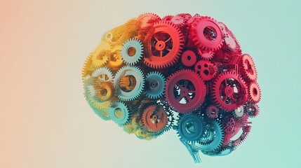 An abstract image of a brain made up of colorful gears and cogs, symbolizing creativity and idea generation in business. The vibrant colors of the gears contrast against a light background, 