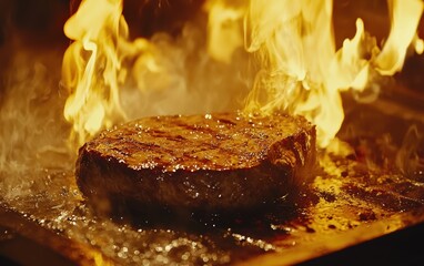 A close-up of a sizzling steak on a grill with dramatic fire and a golden sear
