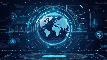 A digital globe surrounded by futuristic data displays and graphics.