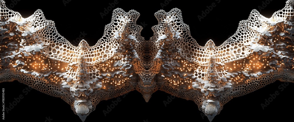 Poster abstract 3d render of a symmetrical, organic, lattice structure with warm light accents against a bl