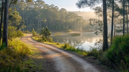 Obraz premium Serene sunrise over calm lake, dirt road winds through misty forest.