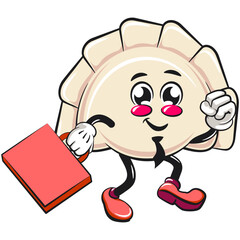 Cute gyoza dumpling vektor illustration mascot character wearing a tie and carrying a suitcase rushing to the office, Xiao Long Bao, Asian, Chinese food, work of hand drawn