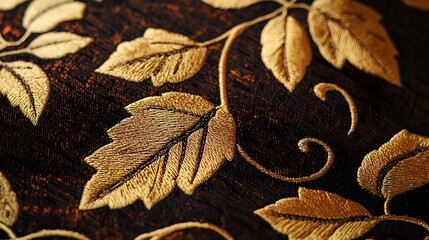 A close-up of an elegant tie featuring golden Thanksgiving leaves on a rich dark brown background. The warm tones and intricate leaf design create a festive yet classy look. 