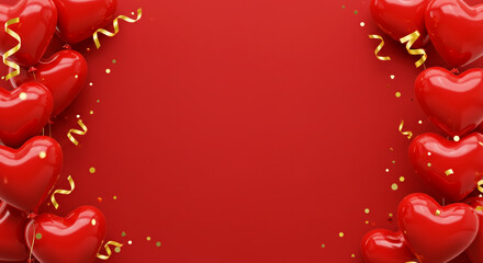 Obraz premium Elegant Valentine's Day Background with Red Heart Balloons and Gold Confetti