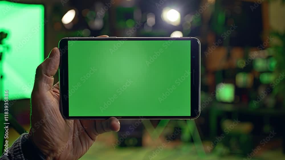 Poster holding a mobile device displaying a chromakey green screen, perfect for creating dynamic video cont