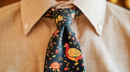 A close-up shot of a cute tie featuring a playful turkey pattern in vibrant colors, perfect for a festive Thanksgiving celebration. The tie is neatly knotted against a light-colored shirt, set 