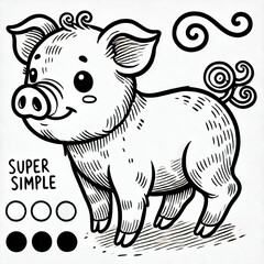 Fototapeta premium Black white lineart coloring book, cute animal character. Cute piglet cartoon with smiling face and happy face.