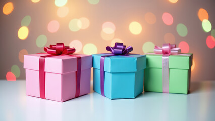 Obraz premium Colorful Wrapped Gifts with Bows Against Sparkling Bokeh Background