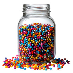 Colorful Beads in Glass Jar, vibrant assortment of beads displayed in a delicate jar, set against a crisp white backdrop for visual appeal