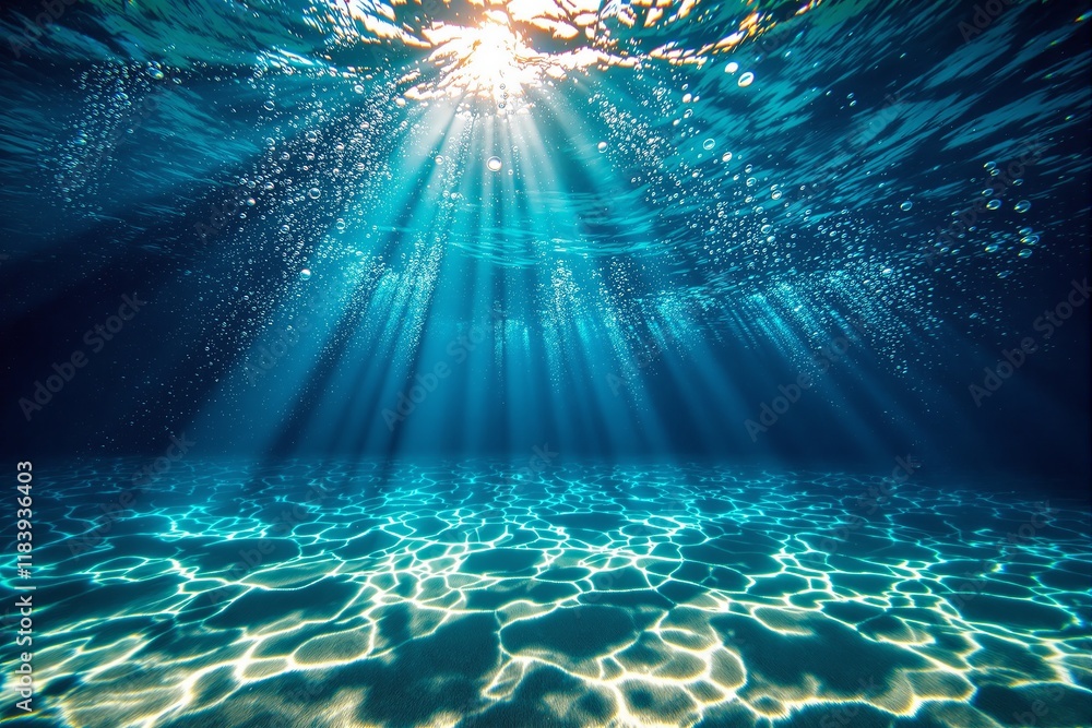 Poster underwater scene with sunlight rays shining through, creating patterns on the sandy ocean floor, sur