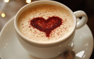 A cup of cappuccino with a perfectly foamed heart in the center, placed on a clean white saucer for Saint Valentines Day